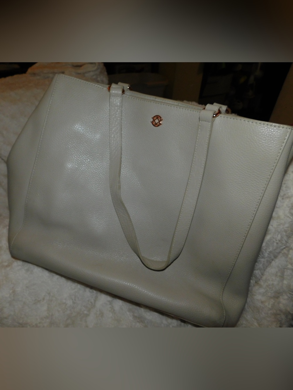 Dagne Dover Cream Pebbled Leather Tote with Gold Accents